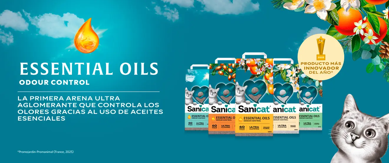Banner turquesa de Sanicat Essential Oils con cinco packs en abanico, una gota de aceite dorada y un gato gris asomando a la derecha.